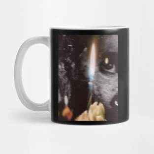 Special processing. To see how those you love happy, despite you a monster. Monster near cake with candle. Mug